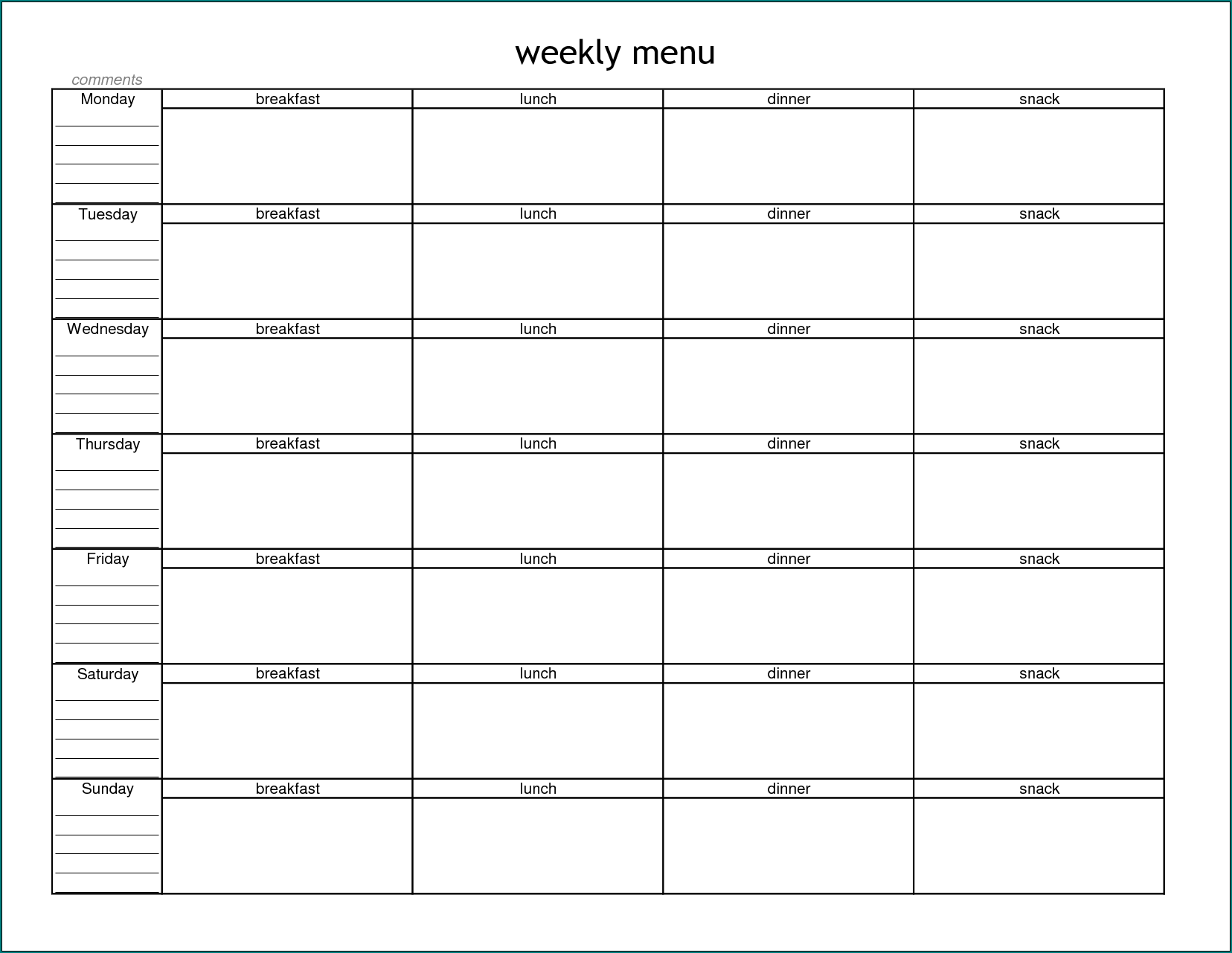 Example of Weekly Menu Template