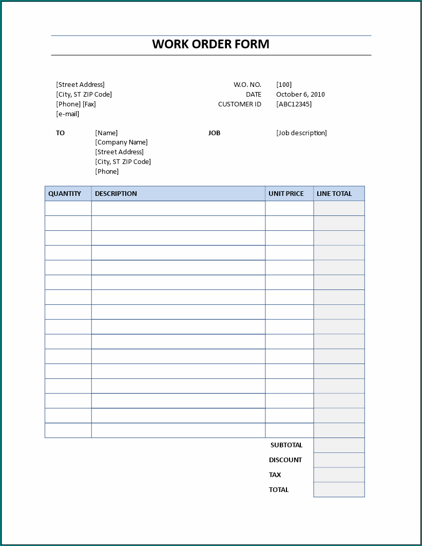 Example of Work Order Template Excel