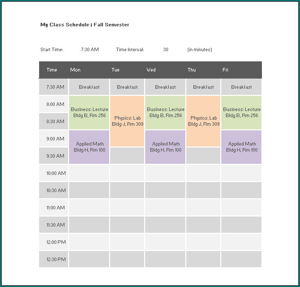 Excel Class Schedule Template Example