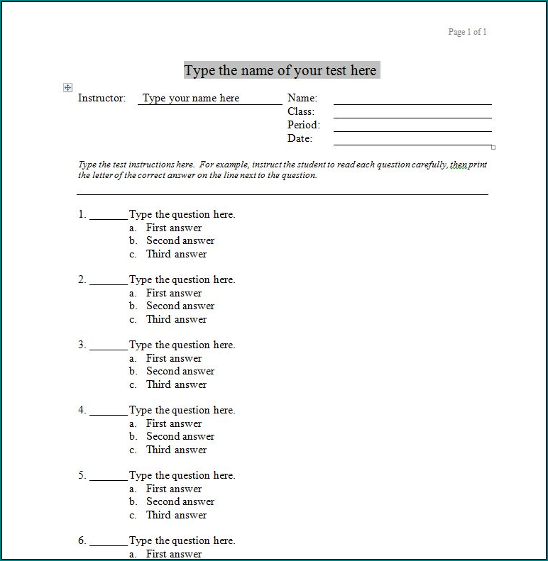 Excel Multiple Choice Test Template Sample