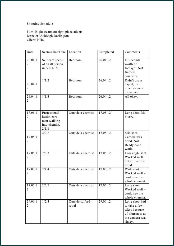 Filming Schedule Template Sample
