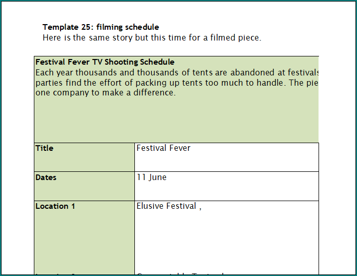 Filming Schedule Template