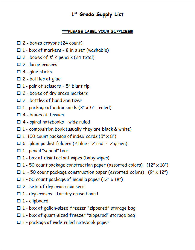 First Grade Supply List Template Word First Grade Supply List Template Word