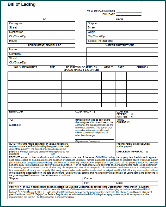 Generic Bill Of Lading Template