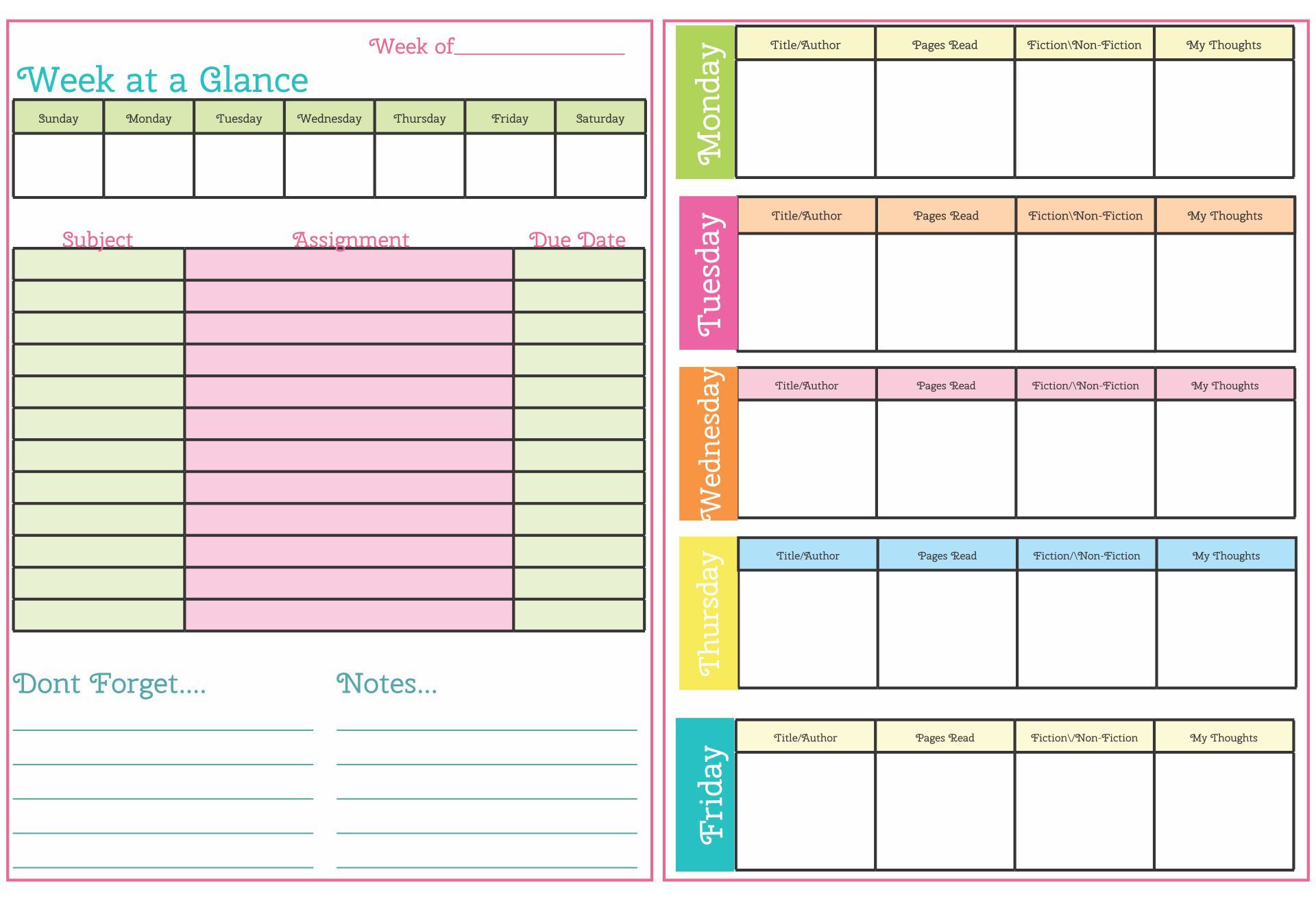 Girly Cute Homework Planner Template Girly Cute Homework Planner Template