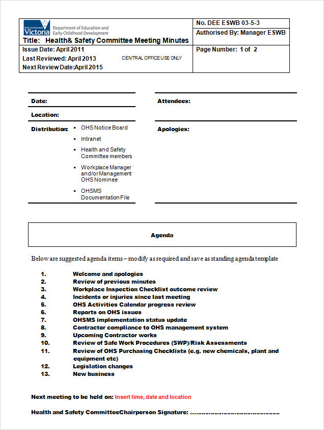 Health And Safety Committee Meeting Template Word Health And Safety Committee Meeting Template Word