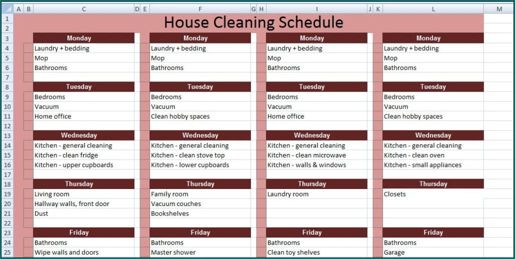 House Cleaning Schedule Template Sample