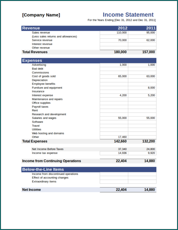 Income Statement Template Example