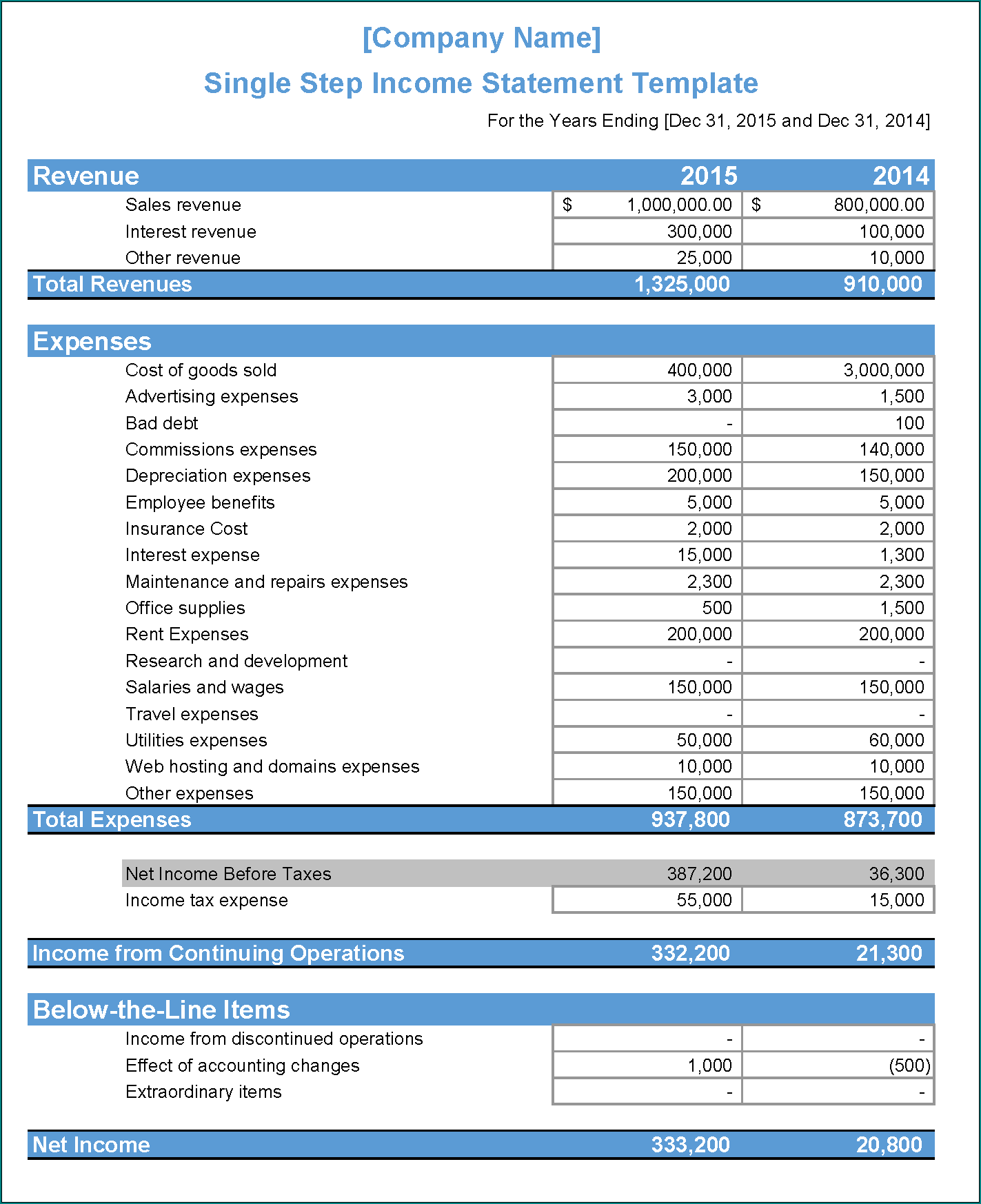 Income Statement Template Sample