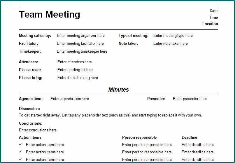 Informal Meeting Minutes Template