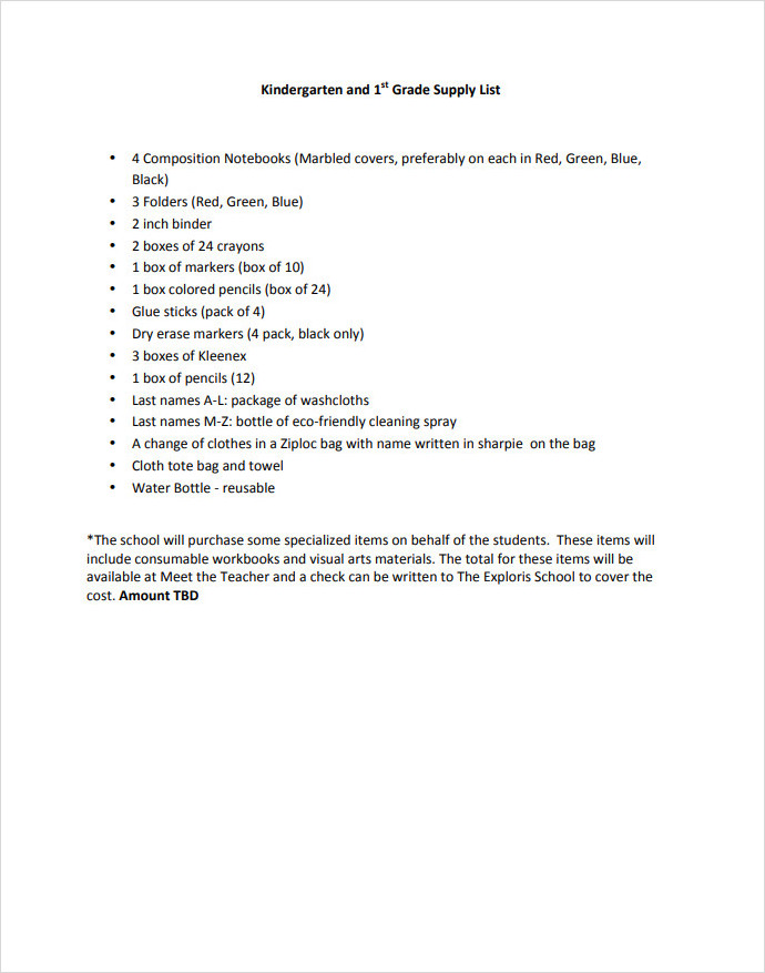 Kindergarten Supply List Template Kindergarten Supply List Template