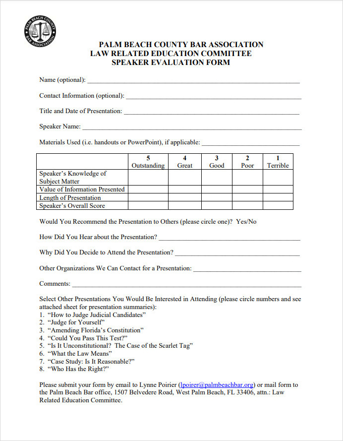 Law Committee Speaker Evaluation Form Law Committee Speaker Evaluation Form