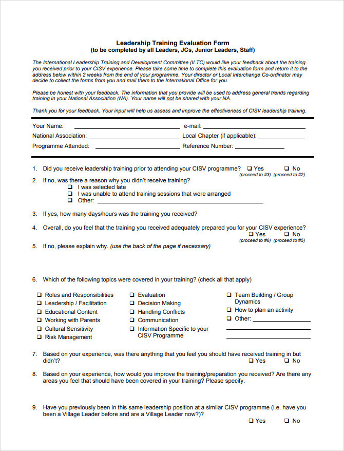 Leadership Training Evaluation Form Leadership Training Evaluation Form
