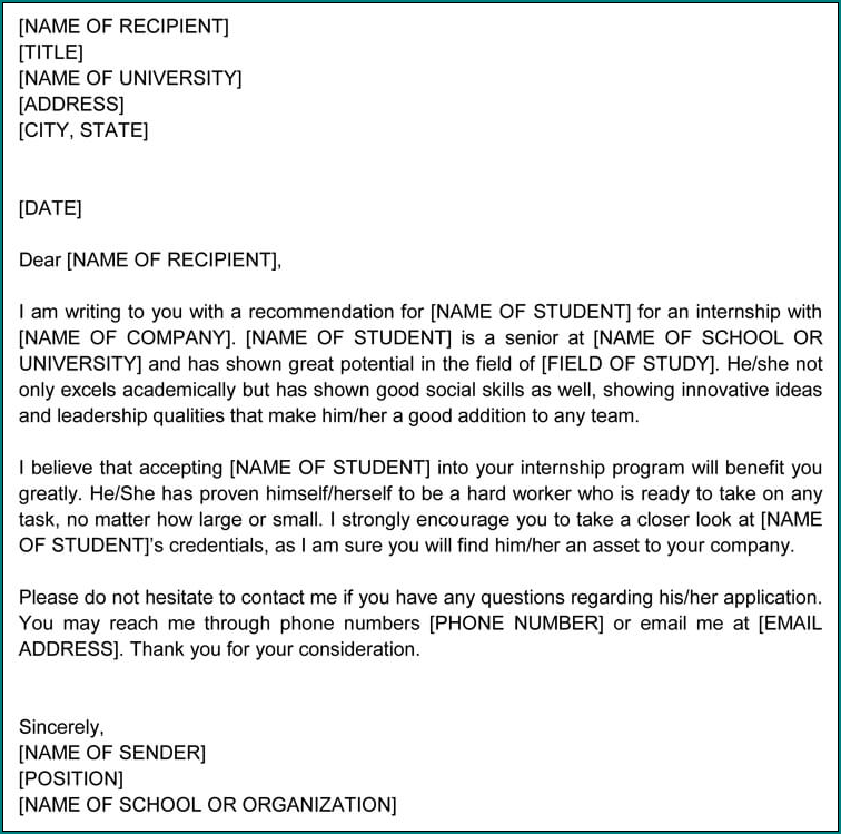 Letter Of Recommendation For College Example