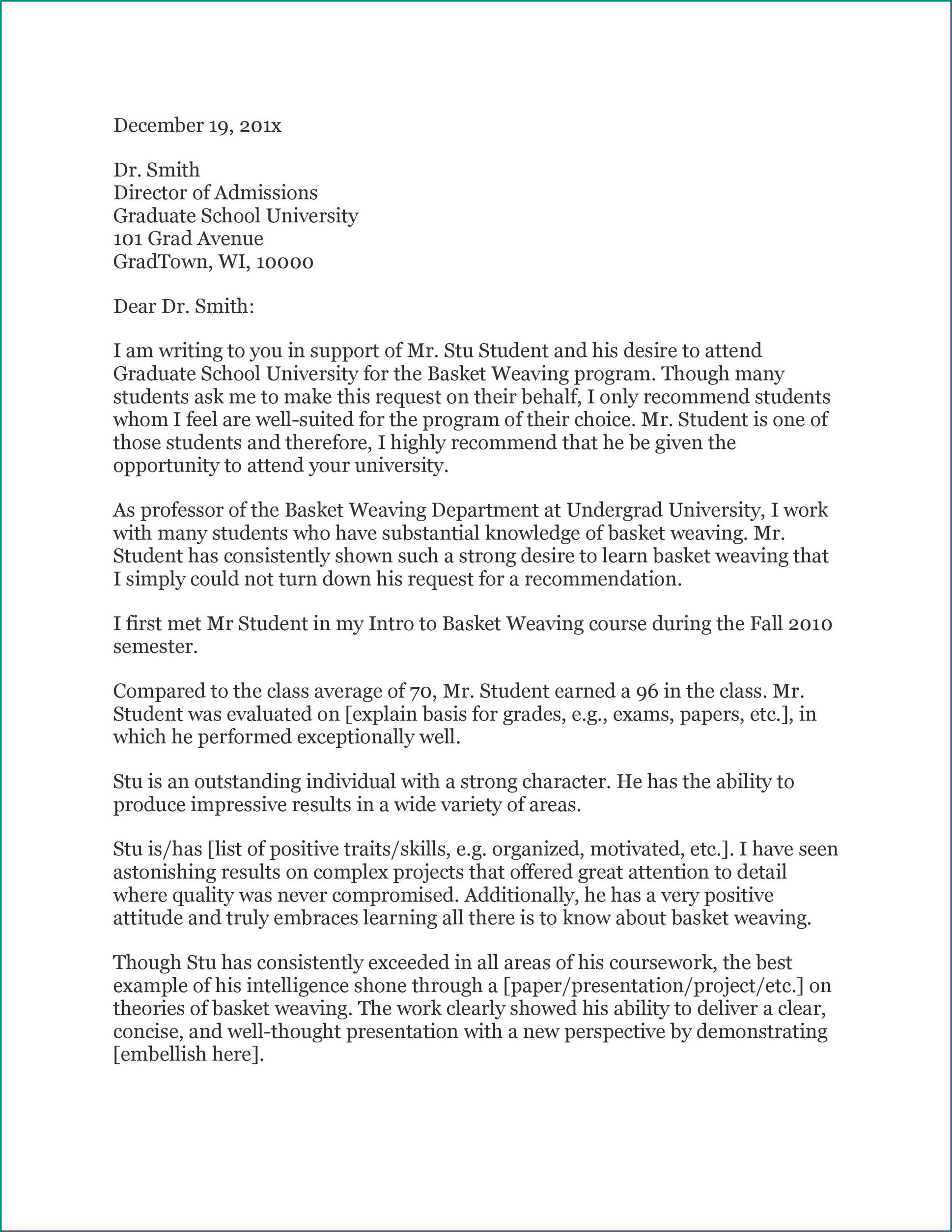 Letter Of Recommendation For College Sample