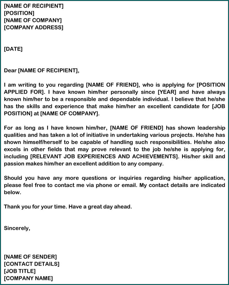 Letter Of Recommendation Template Example