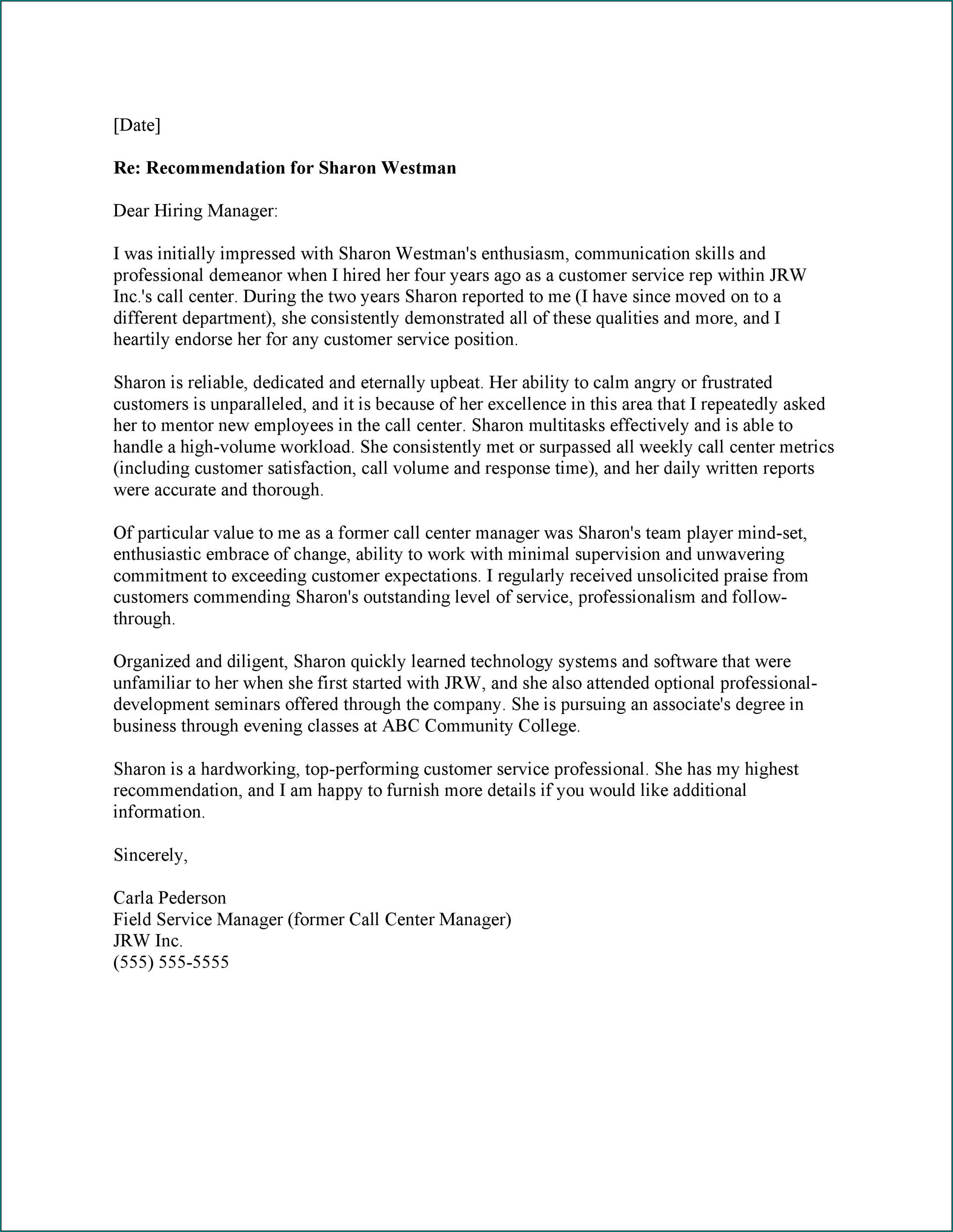 Letter Of Recommendation Template Sample