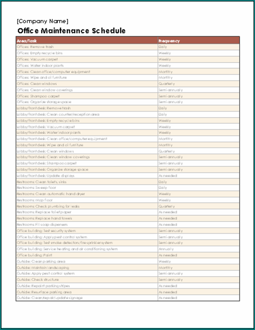 Maintenance Schedule Template Sample
