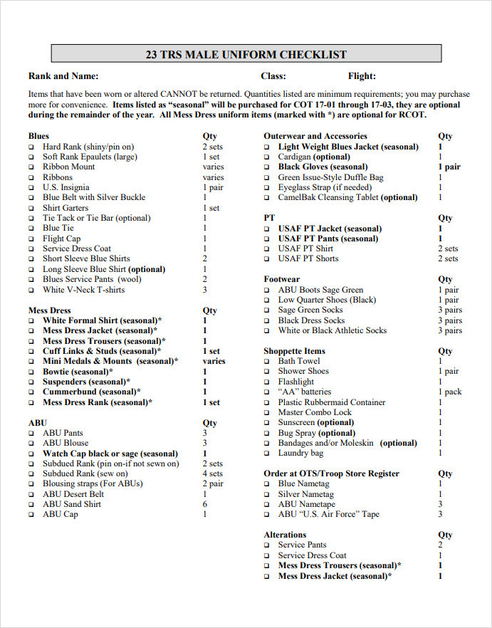 Male Uniform Checklist Template Male Uniform Checklist Template