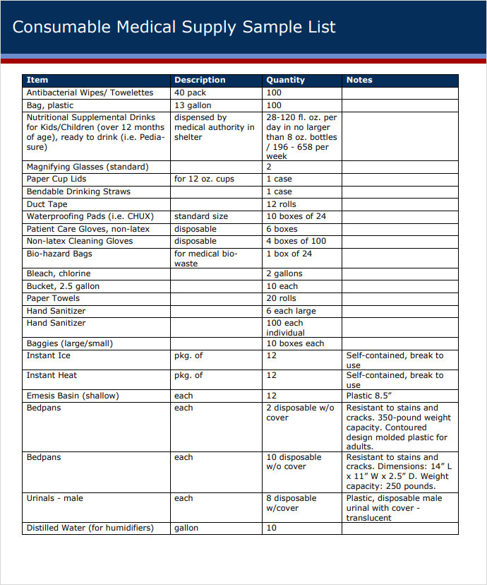 Medical Supply List Template Medical Supply List Template