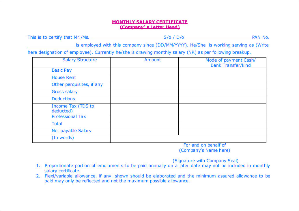 Monthly Salary Certificate Template Monthly Salary Certificate Template