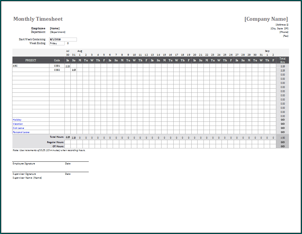 Monthly Timesheet Template Excel Example