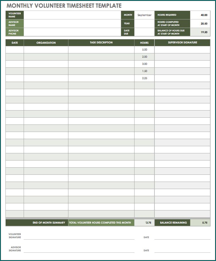 Monthly Timesheet Template Excel Sample
