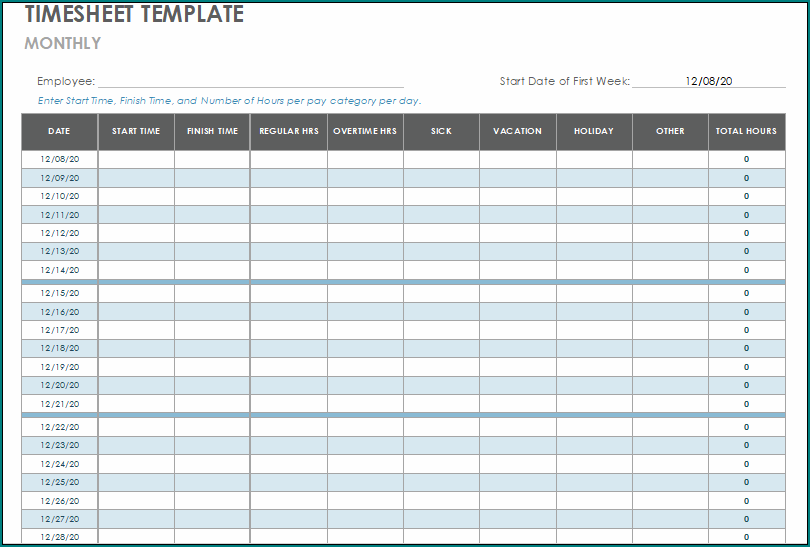 Monthly Timesheet Template Excel