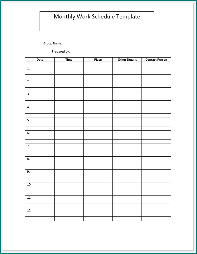 Monthly Work Schedule Template Excel Example