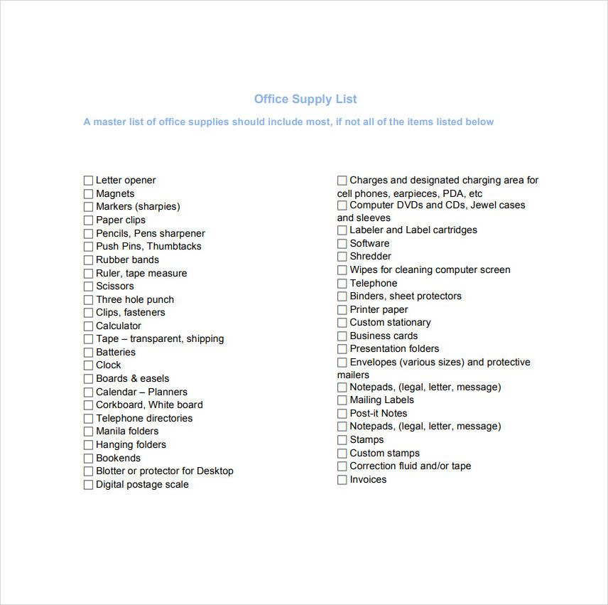Office Supply List Template Office Supply List Template
