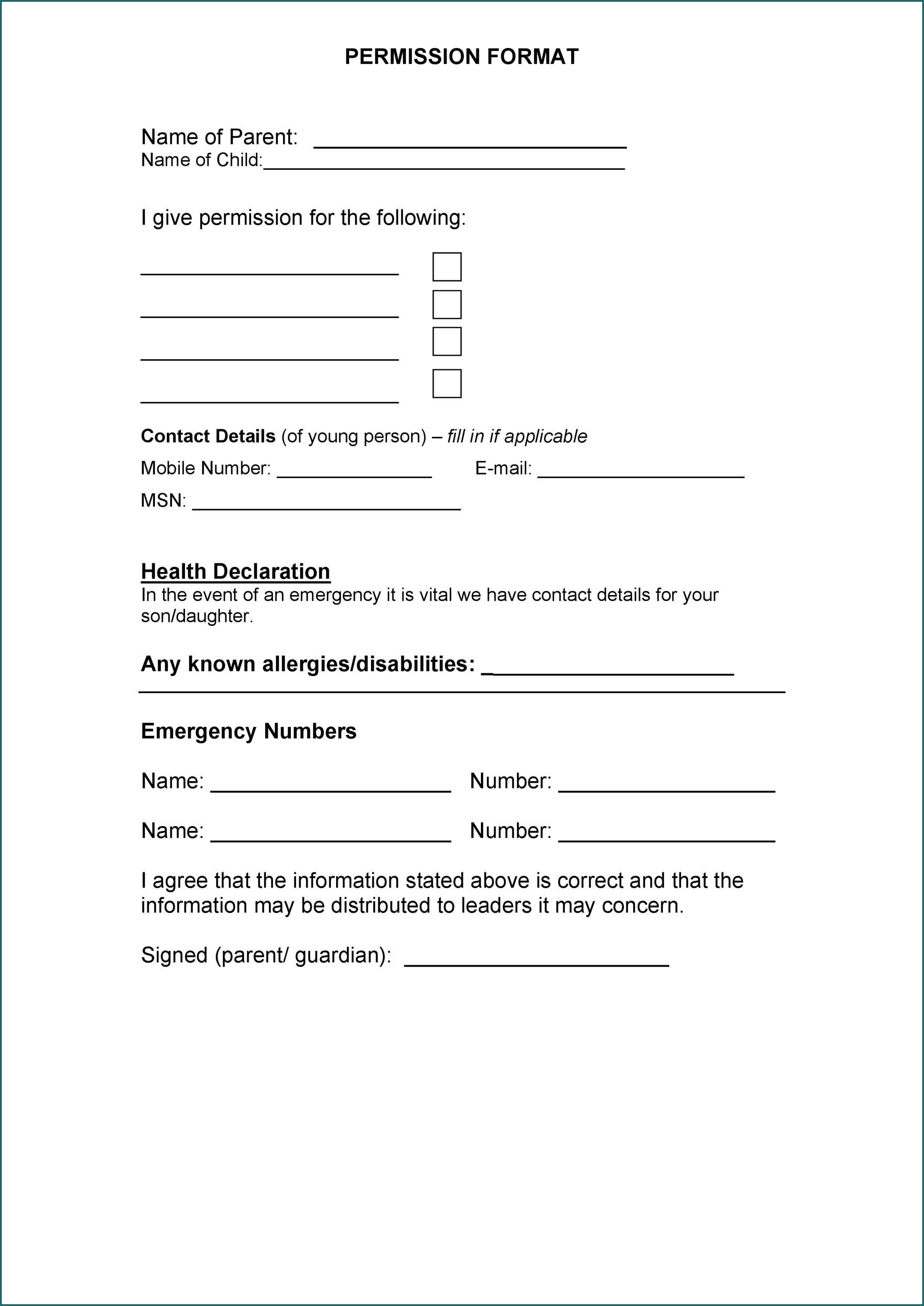 Parent Permission Slip Sample