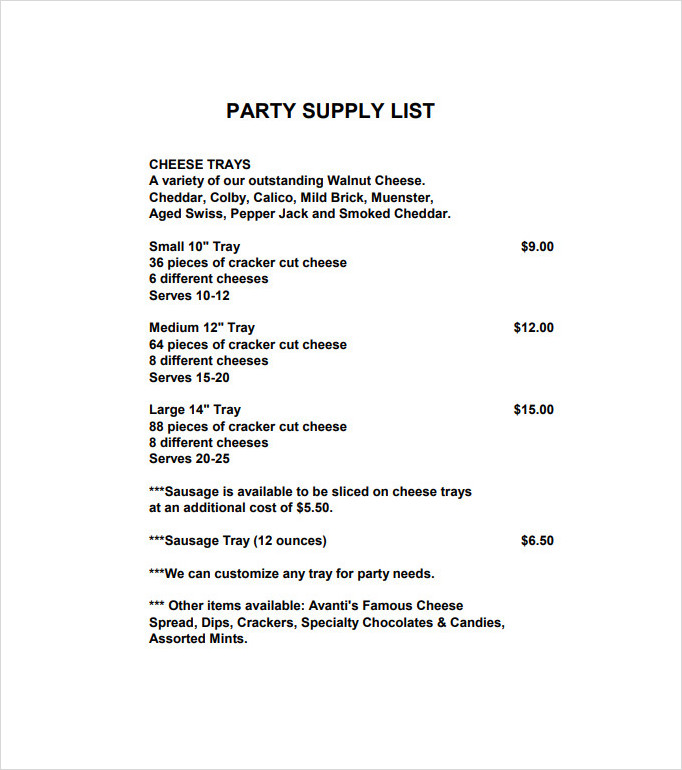 Party Supply List Template Party Supply List Template