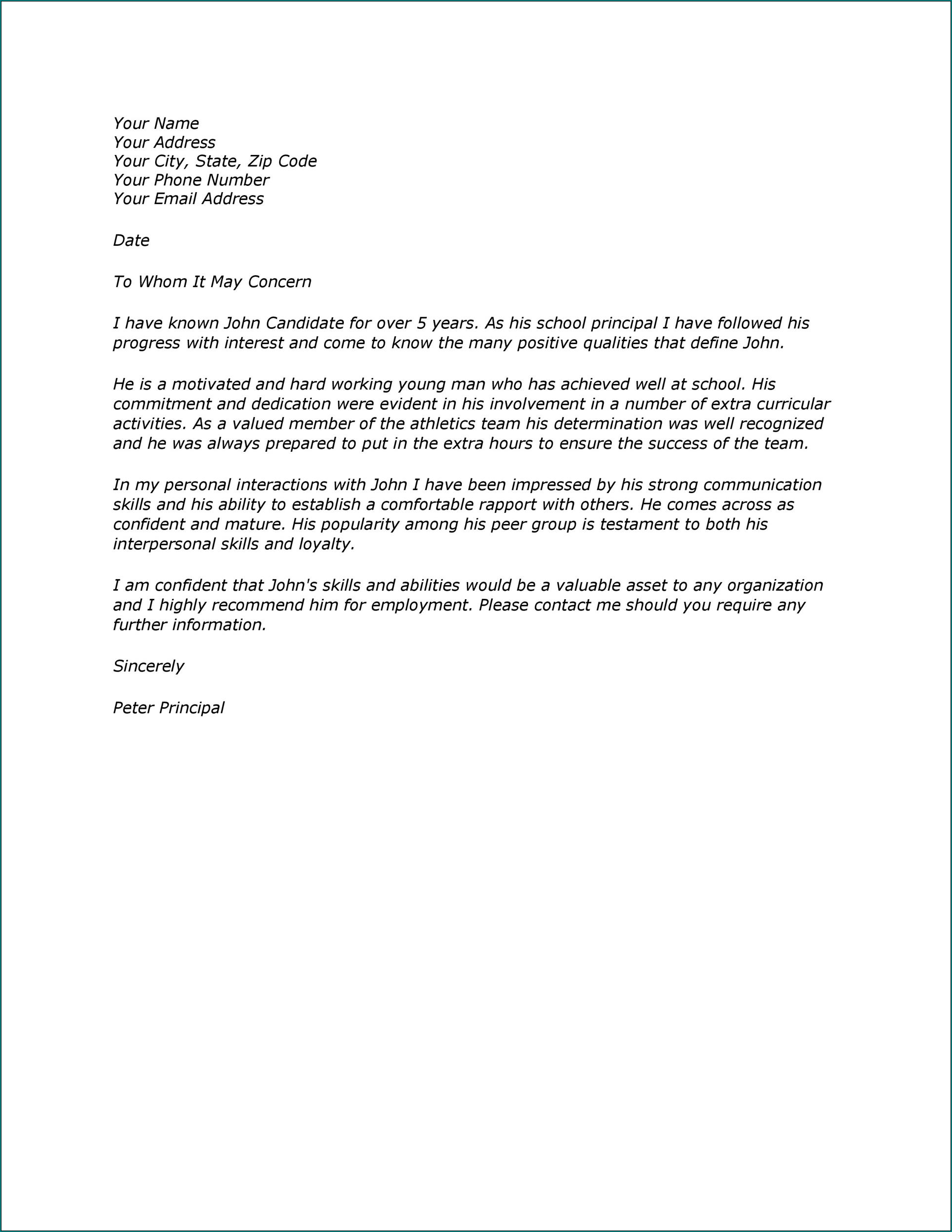 Personal Reference Letter Template Example