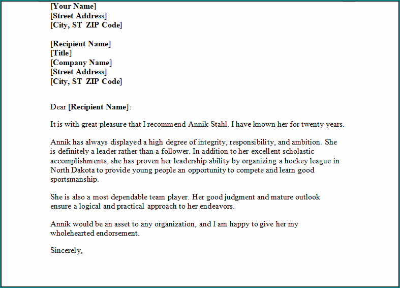 Personal Reference Letter Template