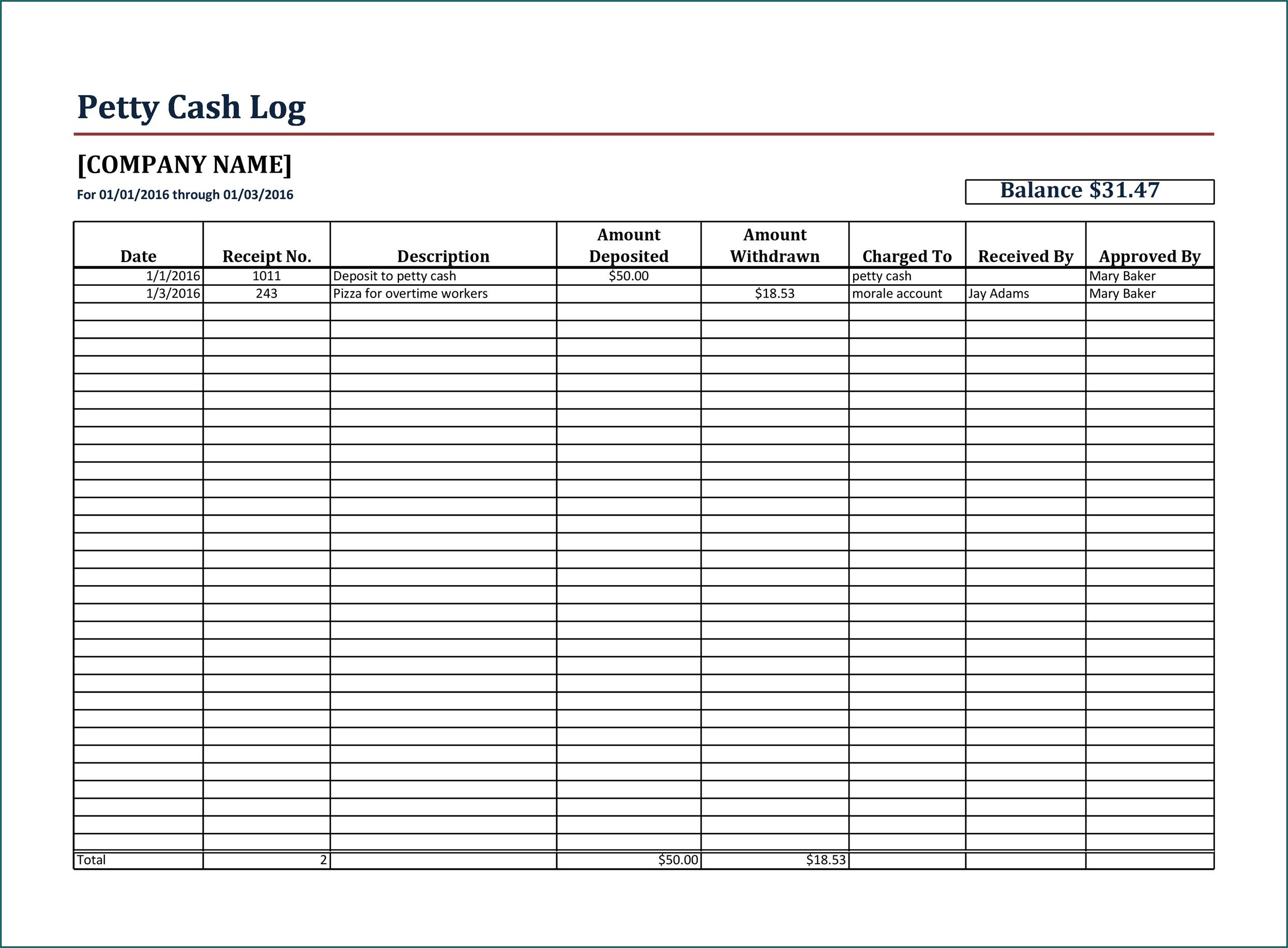 Petty Cash Template Excel Sample