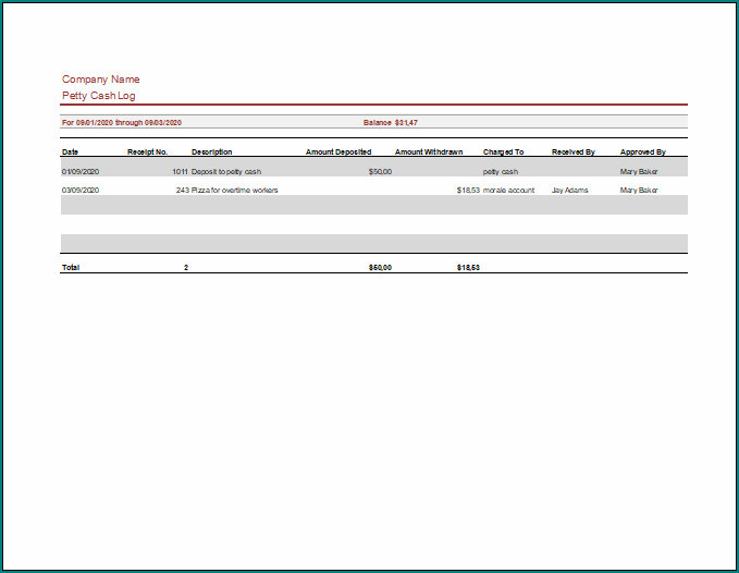 Petty Cash Template Excel