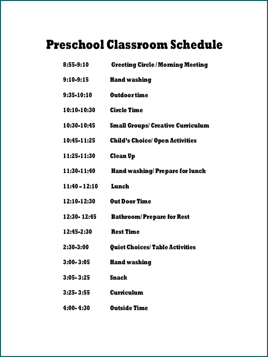 Preschool Schedule Template Sample