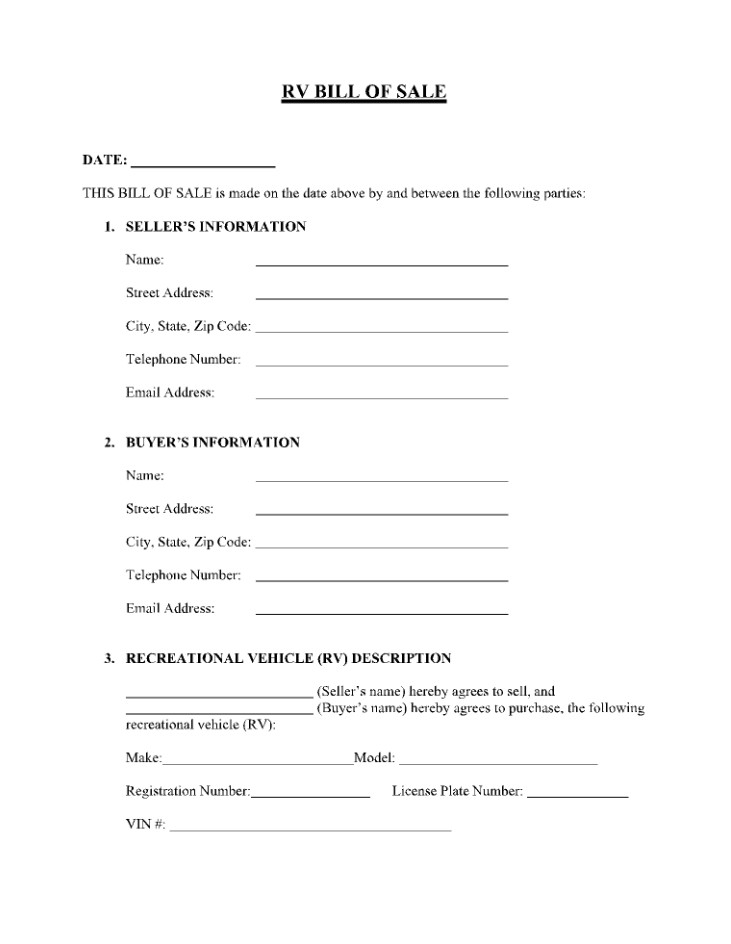 Printable RV Bill of Sale Form Example Printable RV Bill of Sale Form Example
