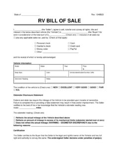Printable RV Bill of Sale Form Sample