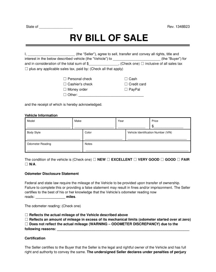 Printable RV Bill of Sale Form Sample Printable RV Bill of Sale Form Sample