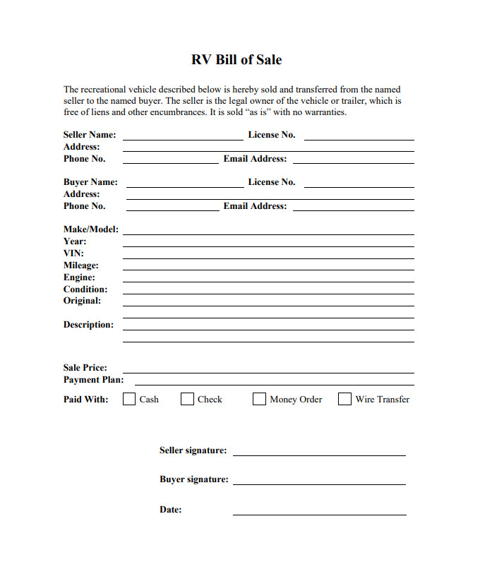 Printable RV Bill of Sale Form