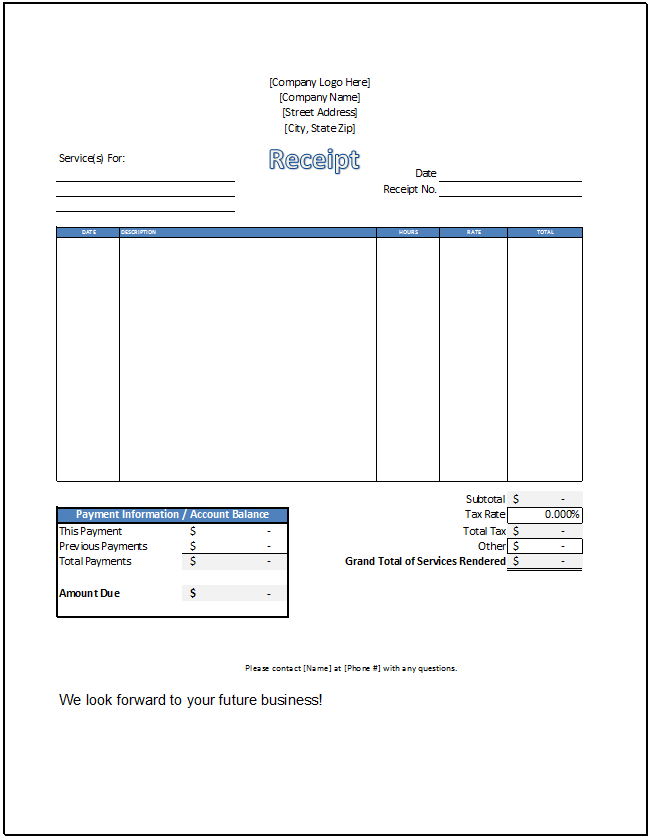 Printable Service Receipt Template Sample Printable Service Receipt Template Sample