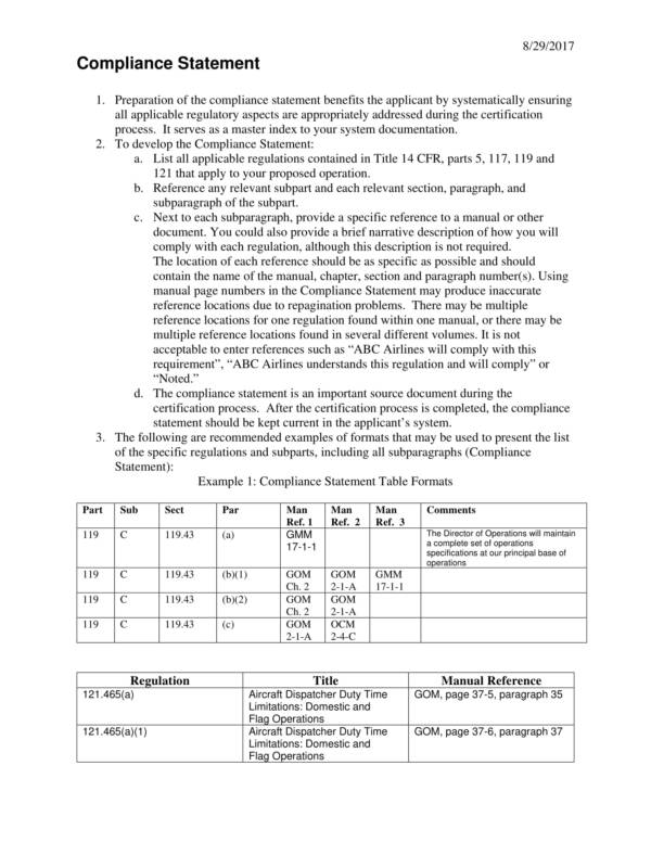 Printable Statement of Compliance Template Example