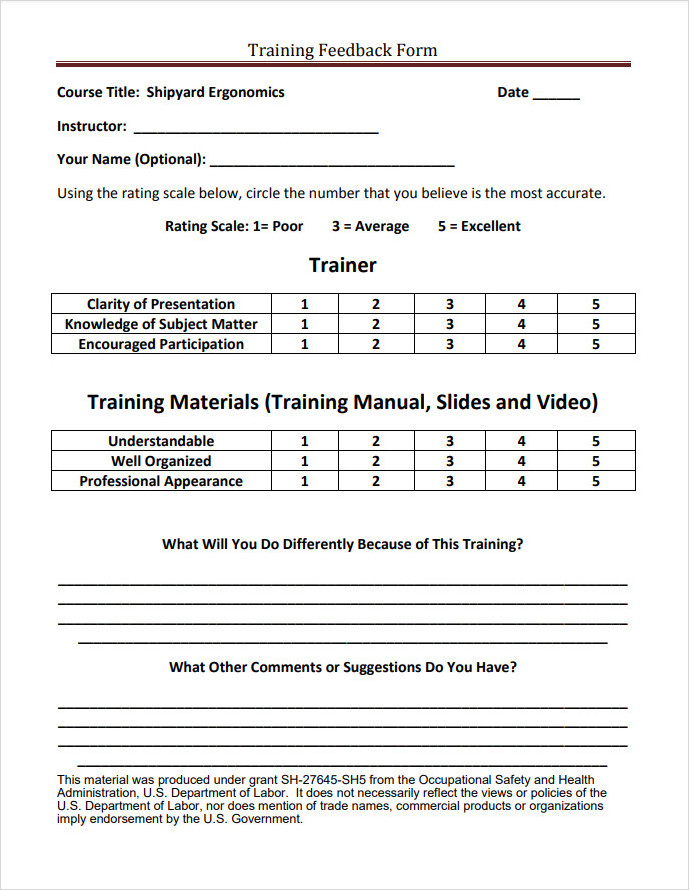 Printable Training Feedback Form Printable Training Feedback Form