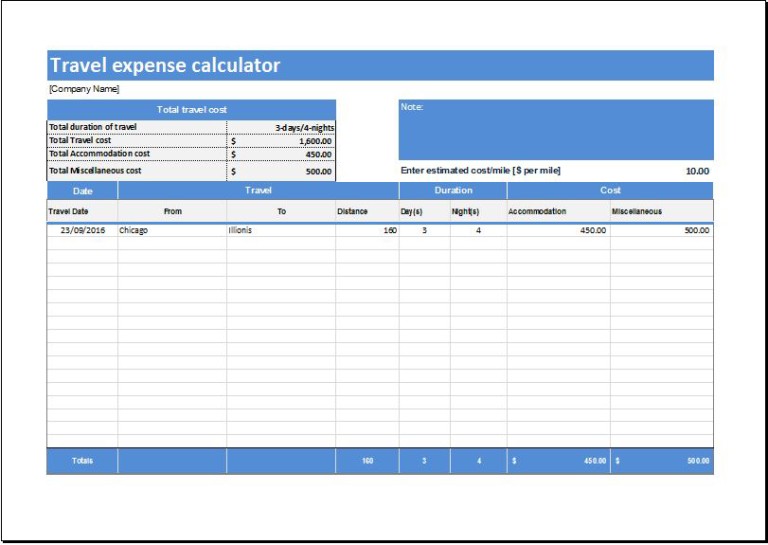 Printable Travel Expense Calculator Template Example Printable Travel Expense Calculator Template Example