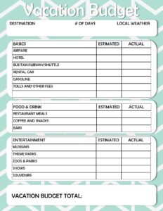 Printable Vacation Cost Planner Template Example