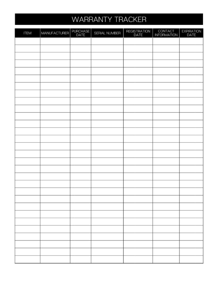 Printable Warranty Tracker Template Printable Warranty Tracker Template