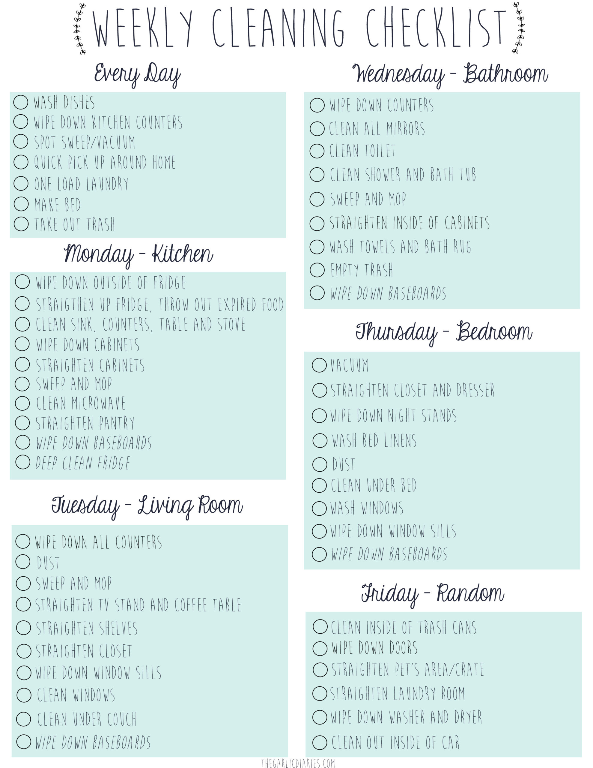 Printable Weekly Cleaning Chart Template Example Printable Weekly Cleaning Chart Template Example