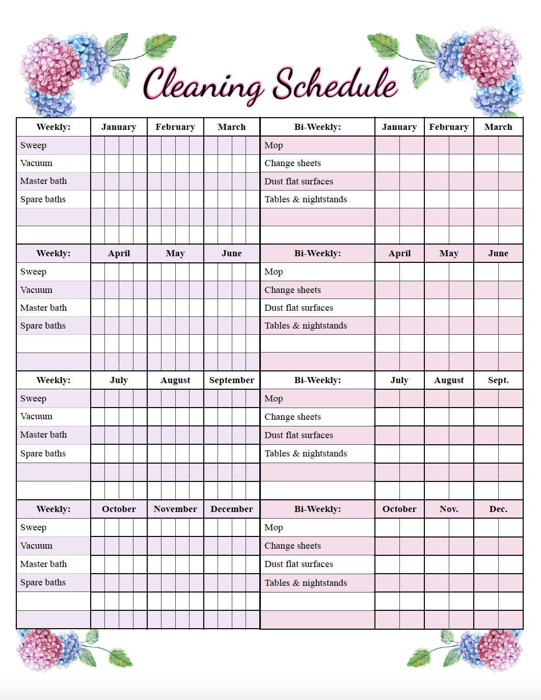 Printable Weekly Cleaning Chart Template Sample Printable Weekly Cleaning Chart Template Sample