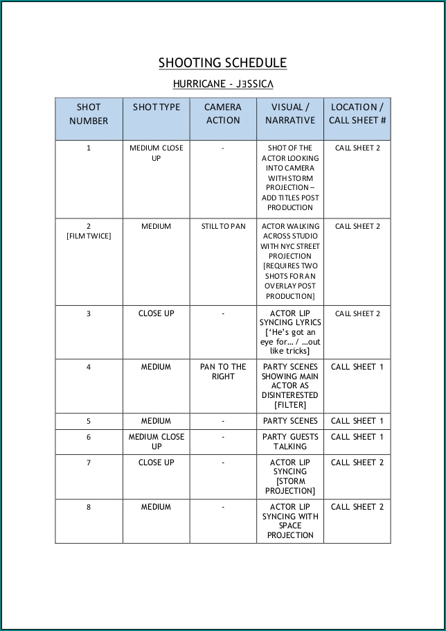 Production Schedule Template Example